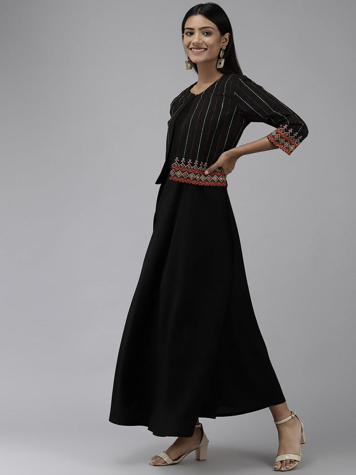 Black Ethnic Dress with Jacket-Yufta Store-9689DRSBKS