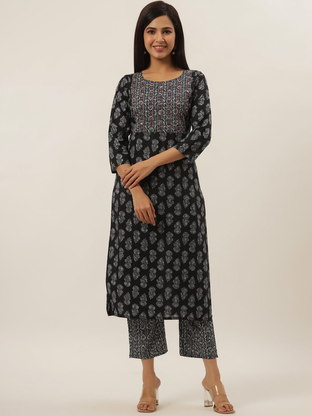 Black Ethnic Motifs Cotton Kurta Set-Yufta Store-6201SETBKS