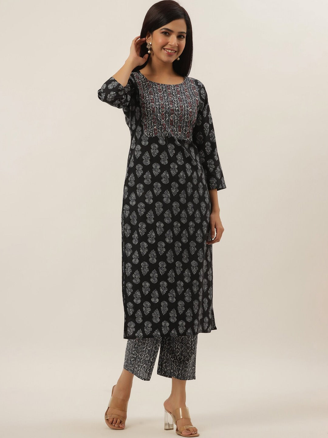 Black Ethnic Motifs Cotton Kurta Set-Yufta Store-6201SETBKS