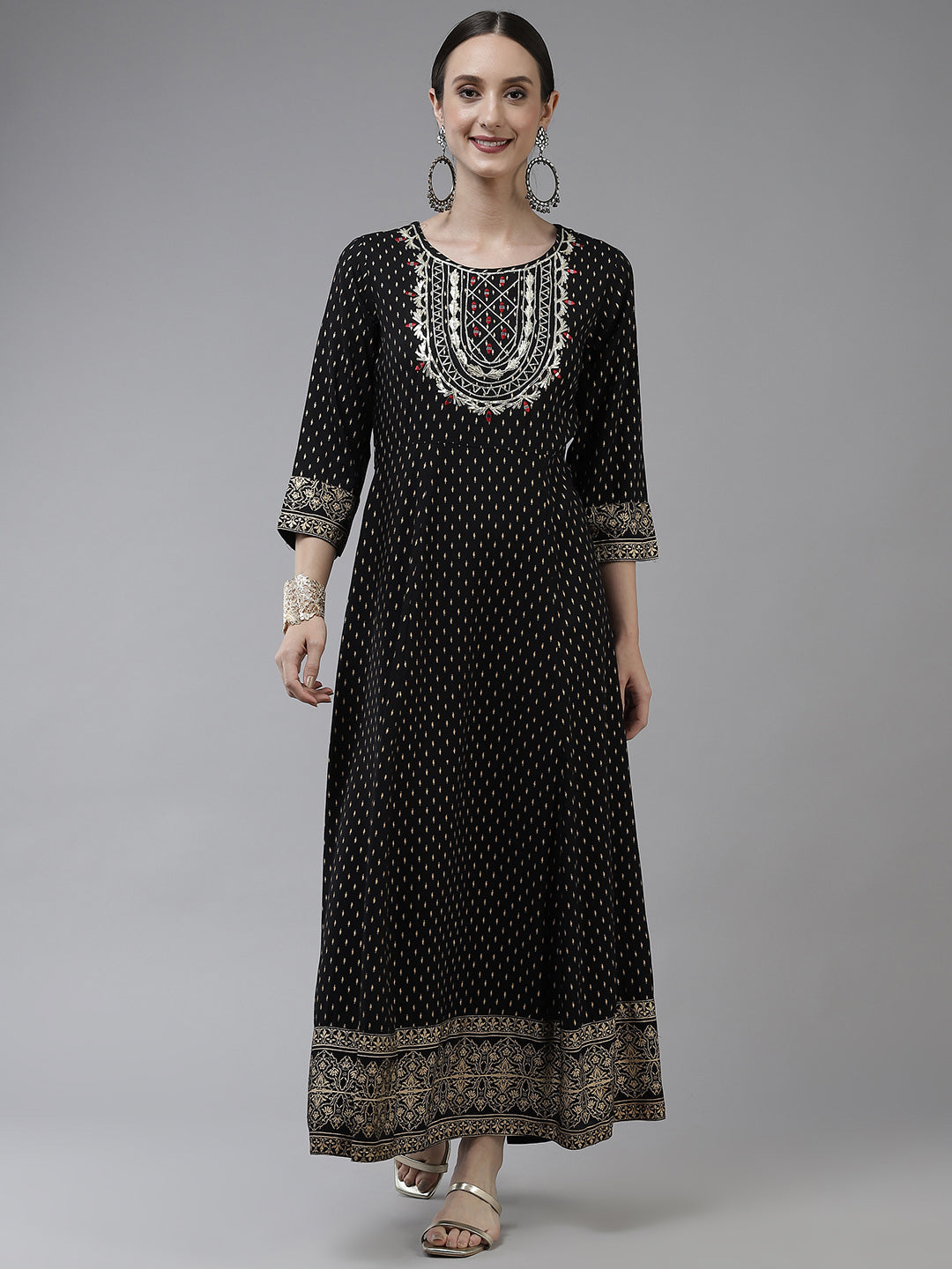 Black Ethnic Motifs Dress-Yufta Store-5802DRSBKS