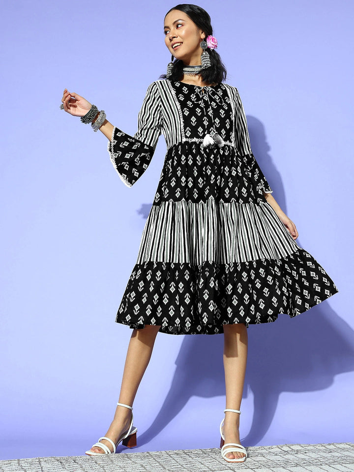 Black Ethnic Motifs Indie Gal Dress-Yufta Store-8104DRSBKXS