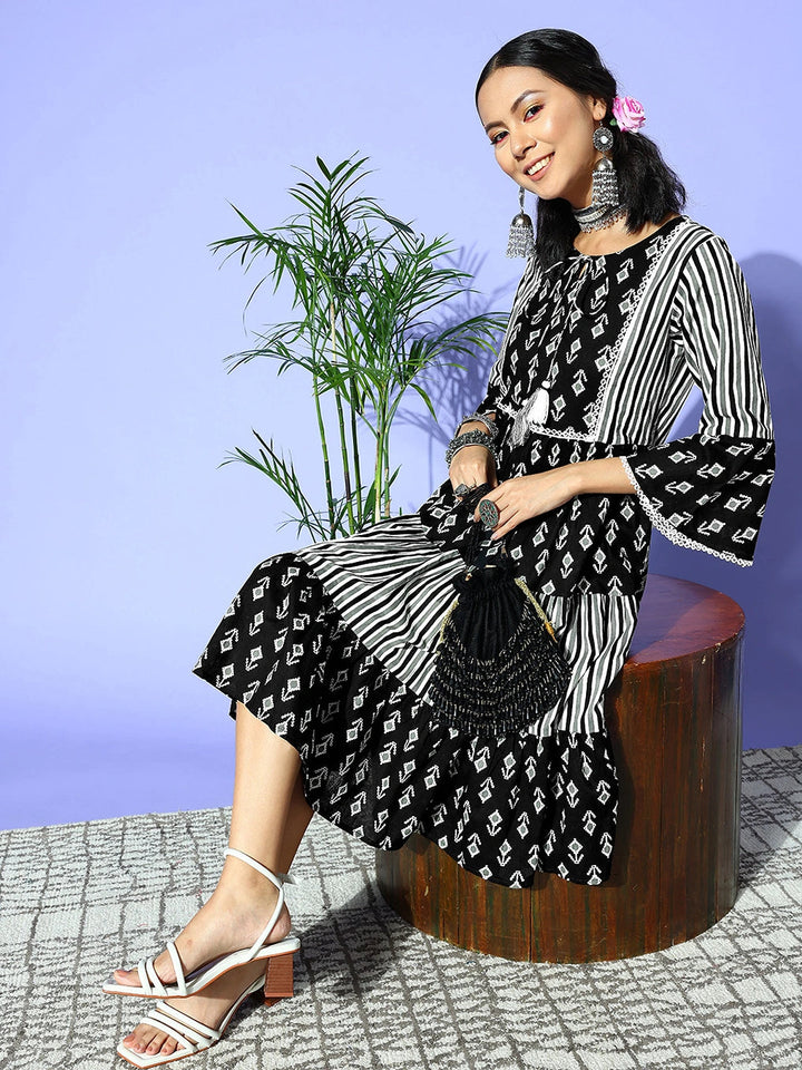 Black Ethnic Motifs Indie Gal Dress-Yufta Store-8104DRSBKXS