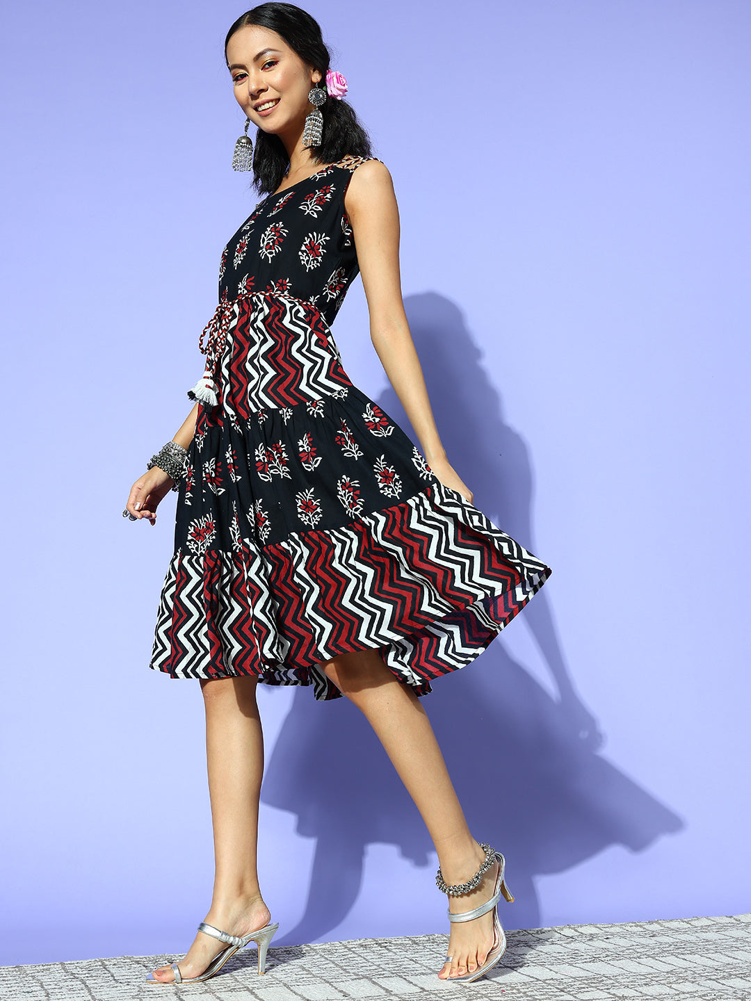 Black Ethnic Motifs Indie Gal Dress-Yufta Store-8106DRSBKXS