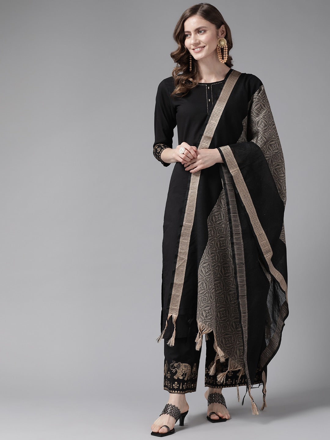 Black Ethnic Motifs Printed Cotton Dupatta Set-Yufta Store-9895SKDBKS