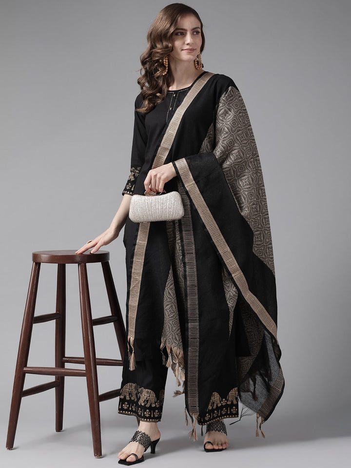 Black Ethnic Motifs Printed Cotton Dupatta Set-Yufta Store-9895SKDBKS