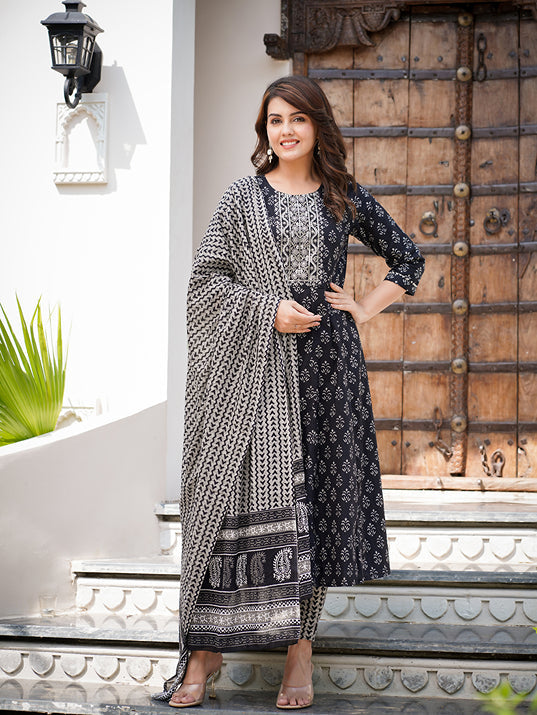 Black Ethnic Motifs Printed Regular Pure Cotton Kurta with Trousers & With Dupatta-Yufta Store-1624SKDBKS