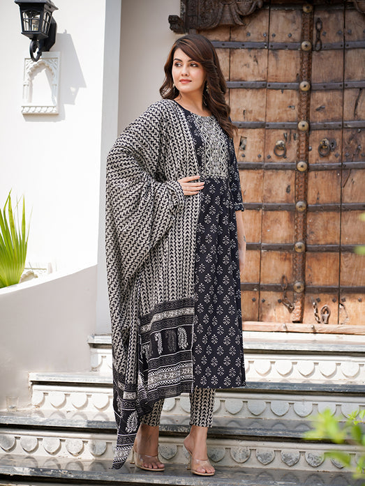 Black Ethnic Motifs Printed Regular Pure Cotton Kurta with Trousers & With Dupatta-Yufta Store-1624SKDBKS