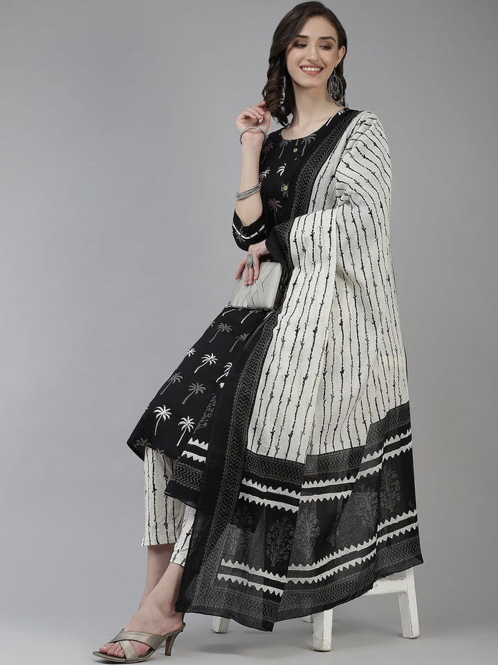 Black Ethnic Motifs Printed Straight Regular Dupatta Set-Yufta Store-4765SKDBKM