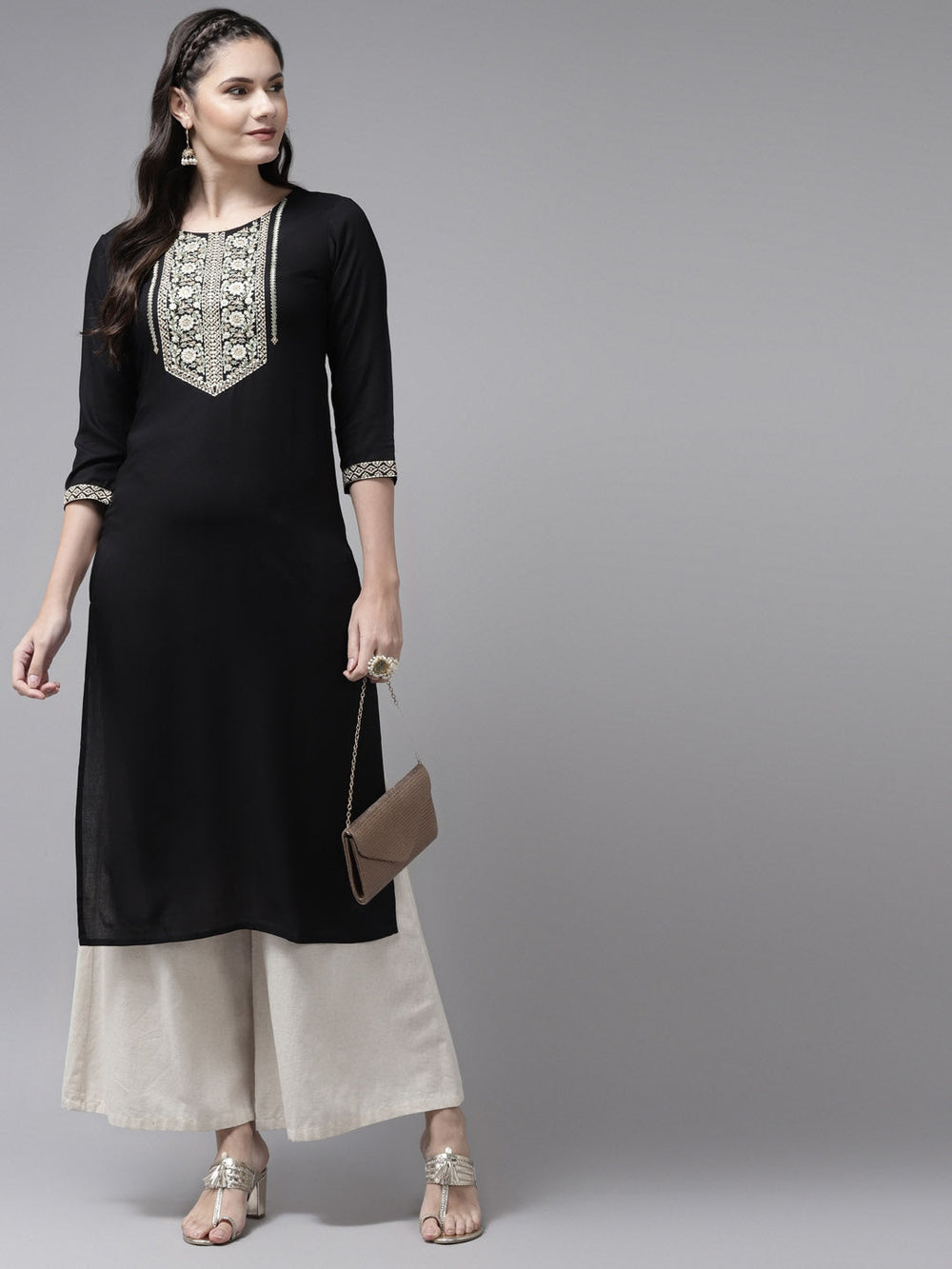 Black Ethnic Motifs Yoke Design Kurta-Yufta Store-7875KURBKS