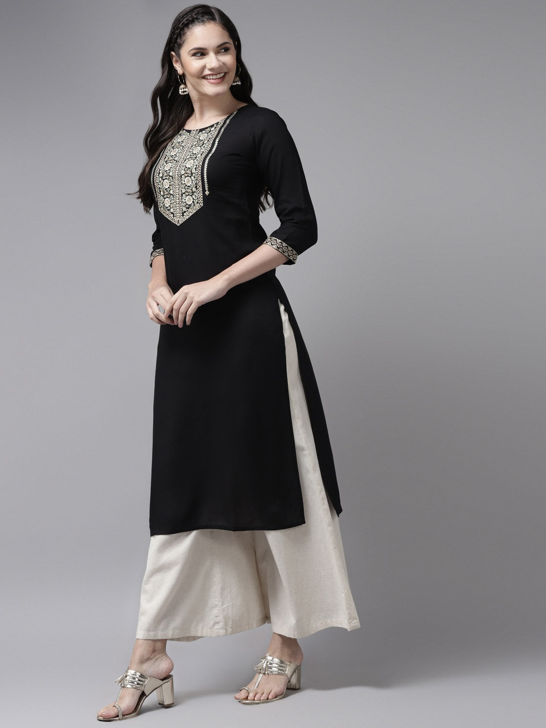 Black Ethnic Motifs Yoke Design Kurta-Yufta Store-7875KURBKS