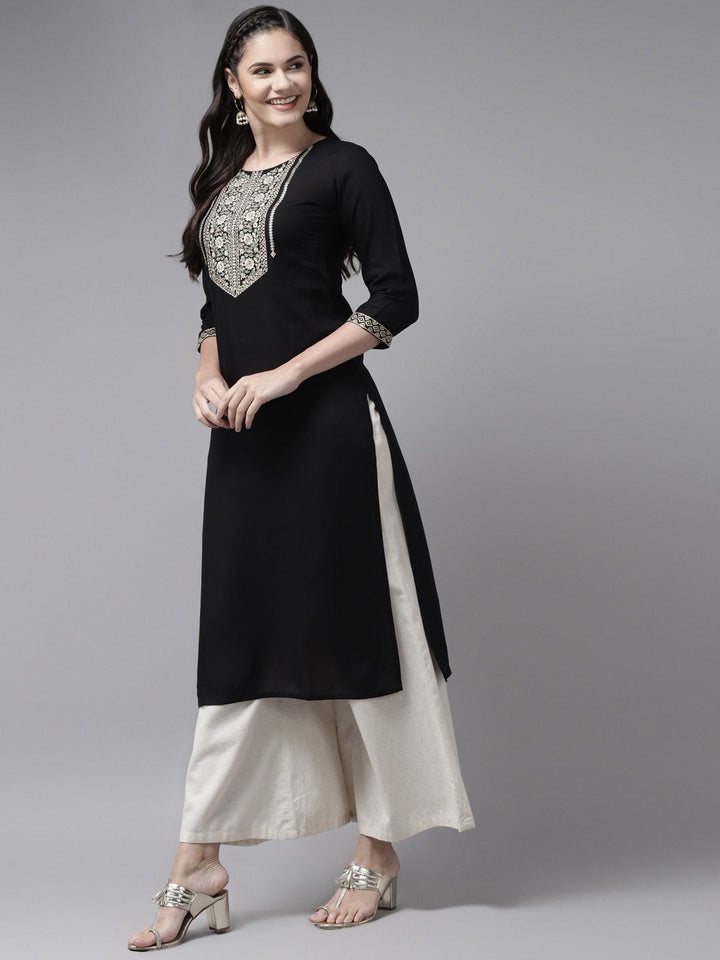 Black Ethnic Motifs Yoke Design Kurta-Yufta Store-7875KURBKS