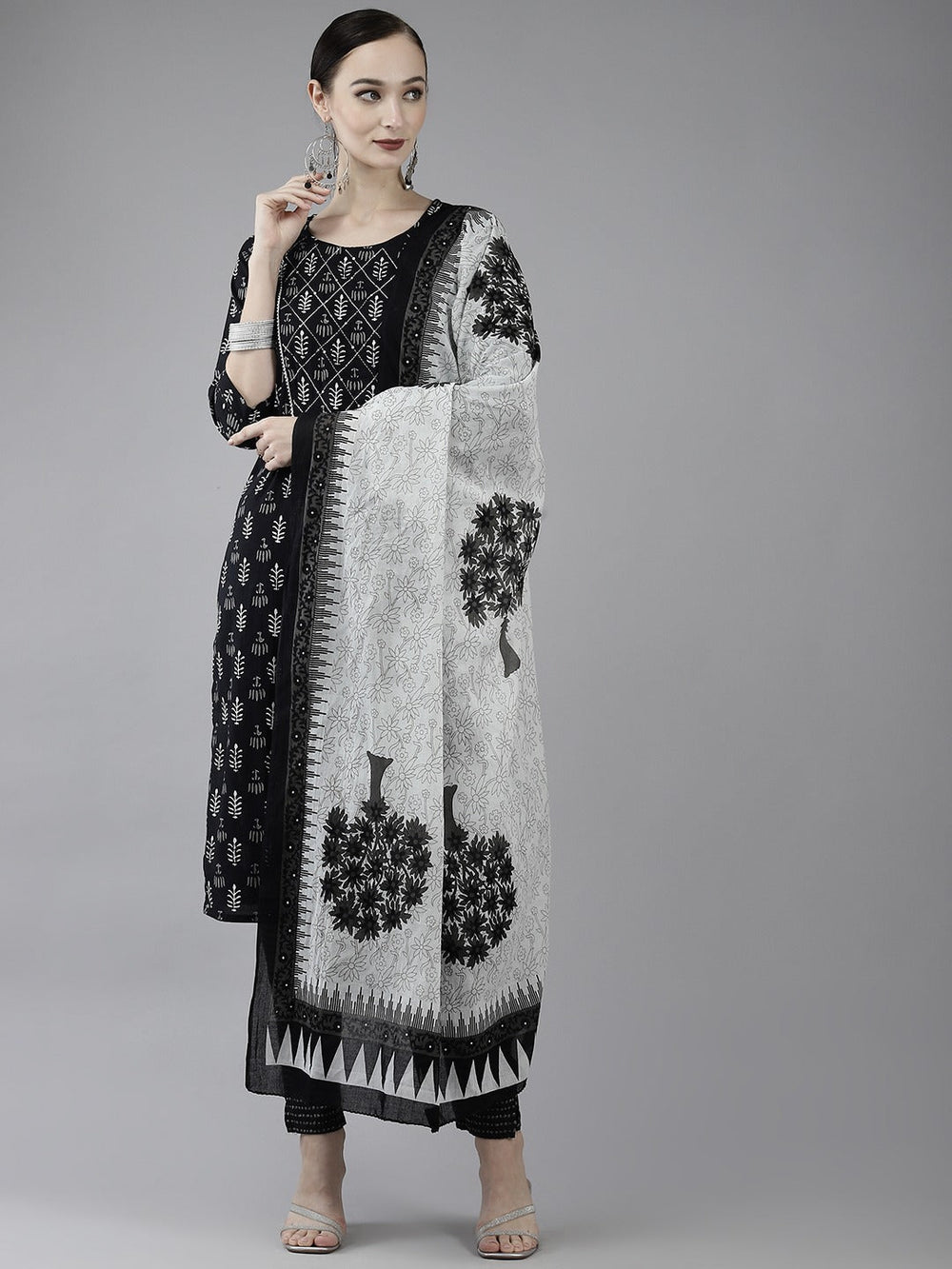 Black Ethnic Printed Cotton Dupatta Set-Yufta Store-4774SKDBKM