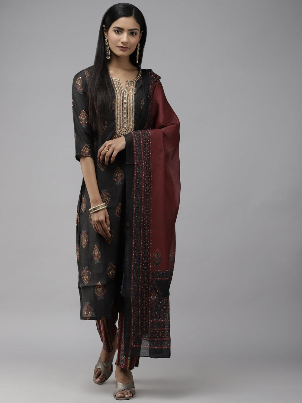 Black Ethnic Yoke Design Dupatta Set-Yufta Store-2303SKDBKS