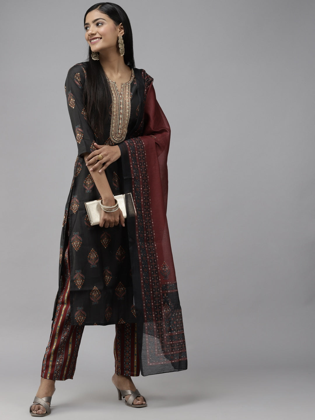 Black Ethnic Yoke Design Dupatta Set-Yufta Store-2303SKDBKS