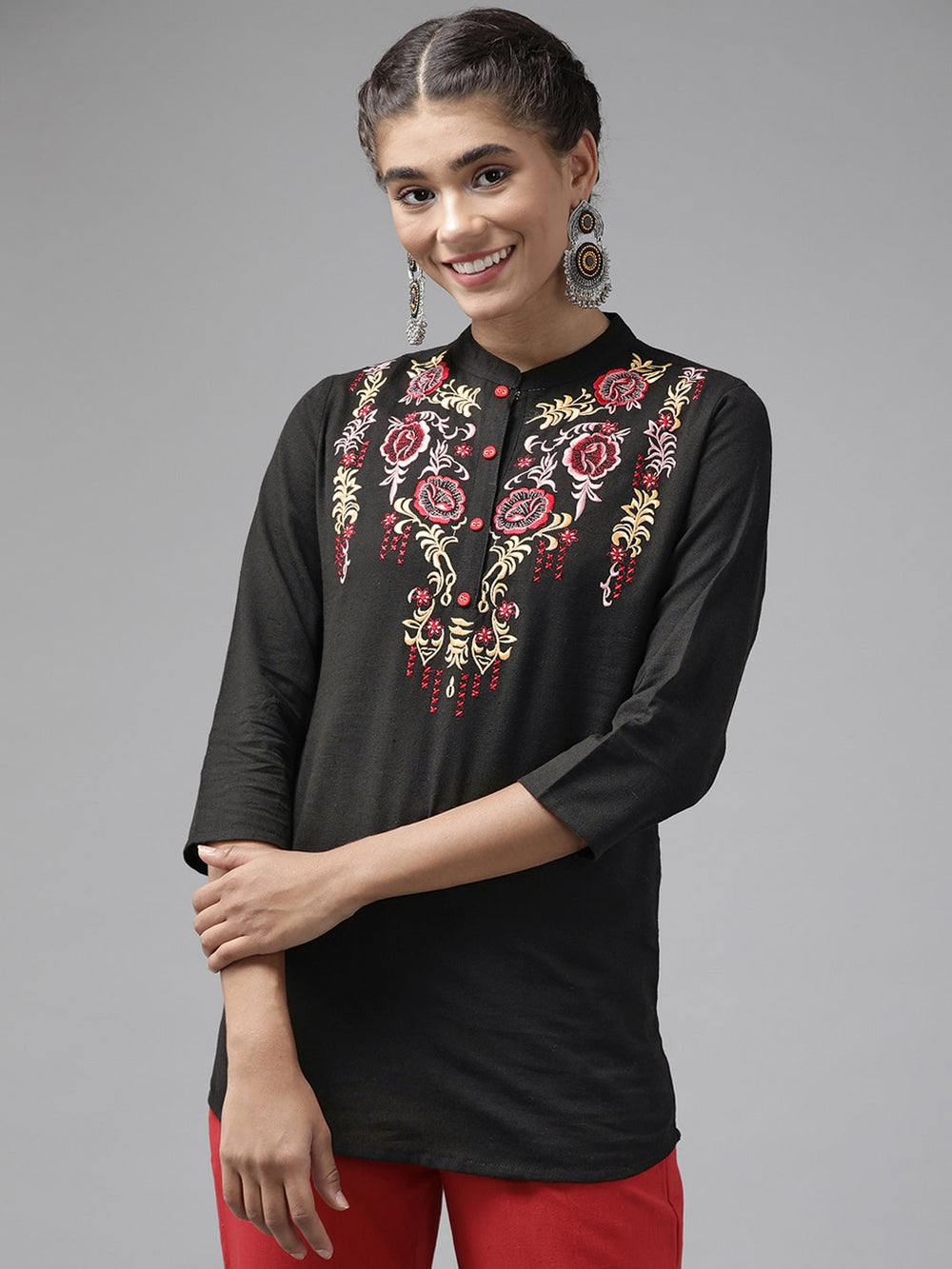 Black Floral Embroidered Top-Yufta Store-9737TOPBKS