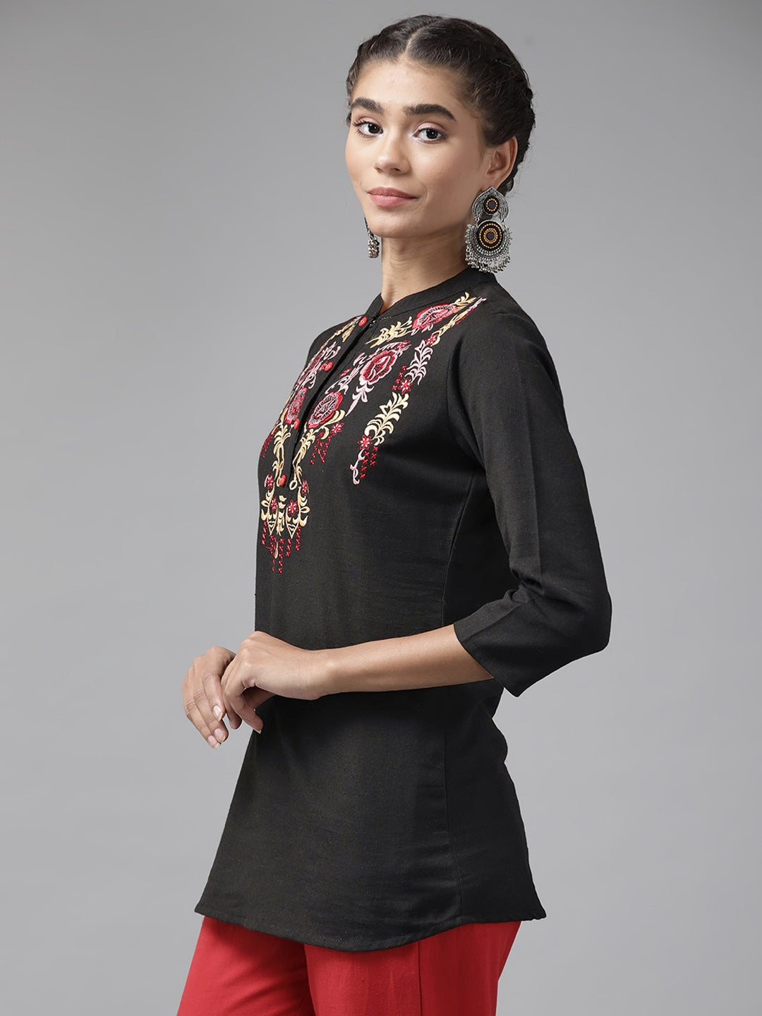 Black Floral Embroidered Top-Yufta Store-9737TOPBKS