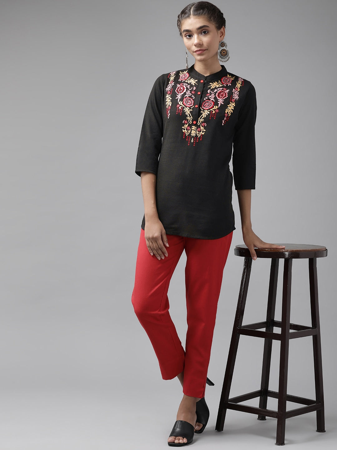 Black Floral Embroidered Top-Yufta Store-9737TOPBKS