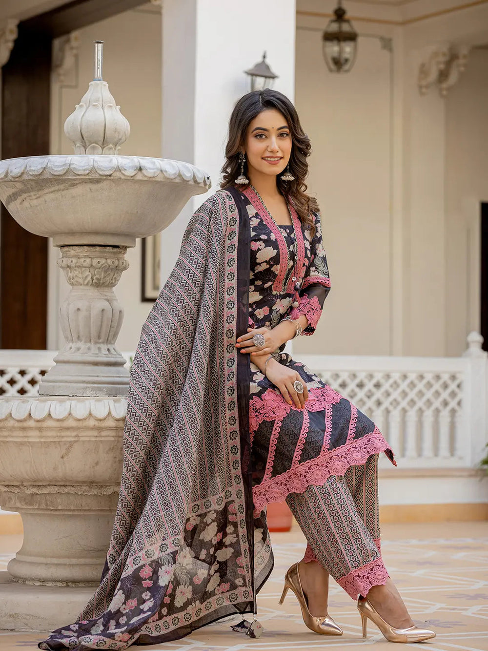 Black Floral Print Pakistani Style Kurta Trouser And Dupatta Set With Lace Work-Yufta Store-6885SKDBKM