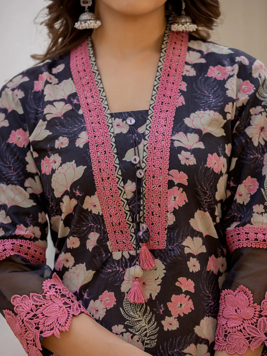 Black Floral Print Pakistani Style Kurta Trouser And Dupatta Set With Lace Work-Yufta Store-6885SKDBKM