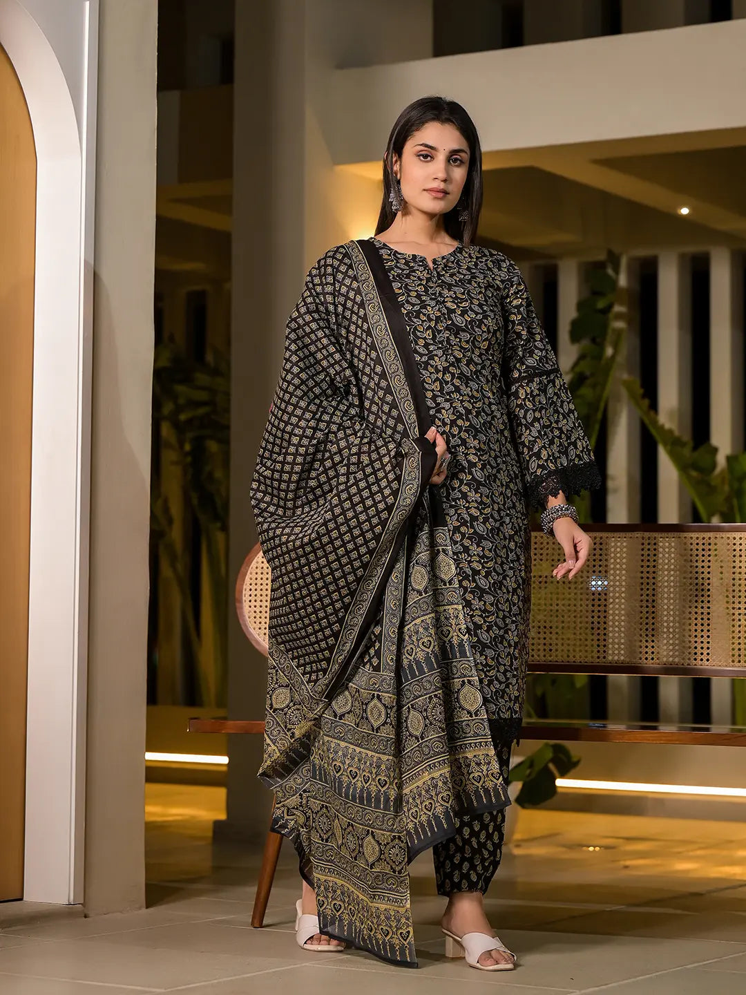 Black Floral Print Piping On Yoke Pakistani Style Kurta With Trousers And Dupatta Set-Yufta Store-1009SKDBKS