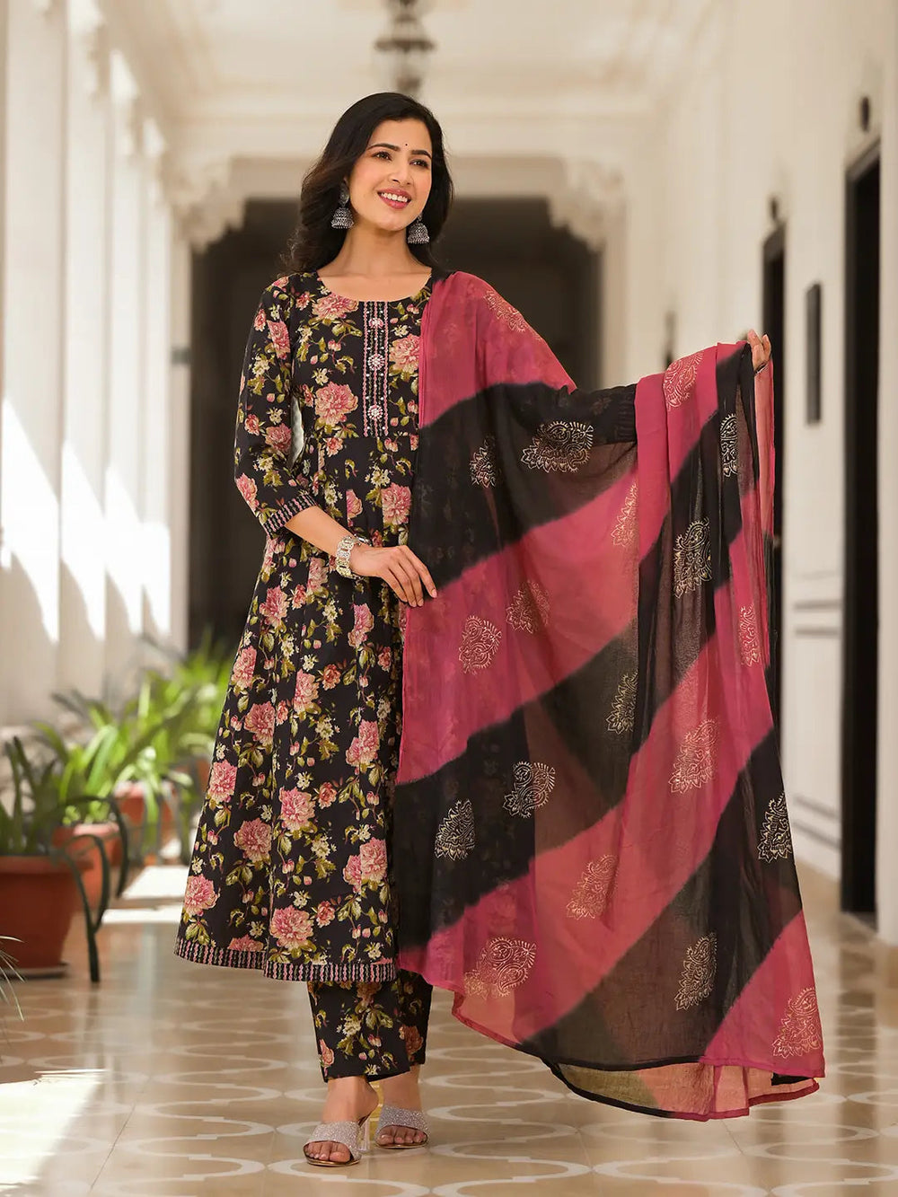 Black Floral Print Zari Work Anarkali Kurta Trouser With Dupatta Set-Yufta Store-6919SKDBKS
