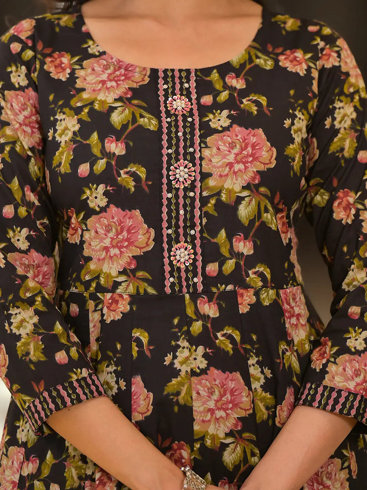 Black Floral Print Zari Work Anarkali Kurta Trouser With Dupatta Set-Yufta Store-6919SKDBKS