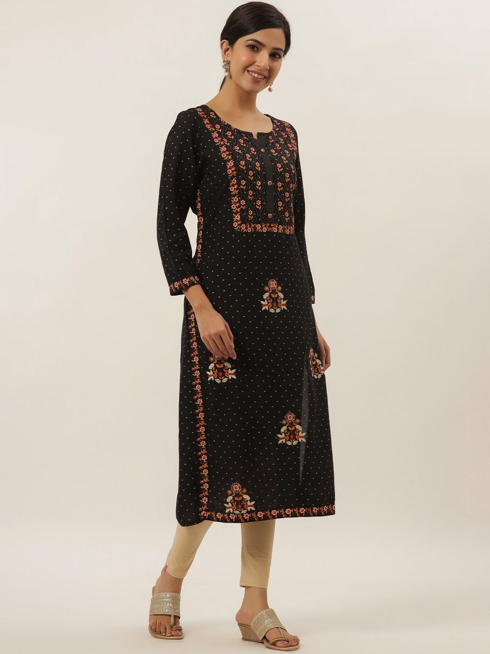 Black Floral Printed Kurta-Yufta Store-5809KURBKM