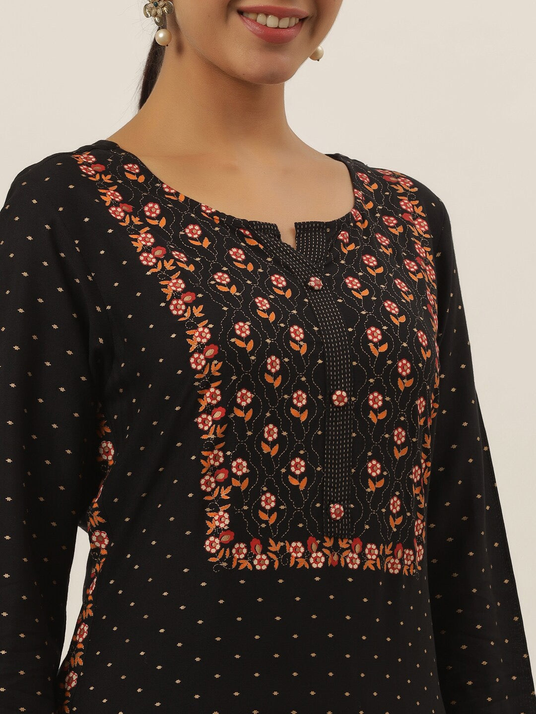 Black Floral Printed Kurta-Yufta Store-5809KURBKM