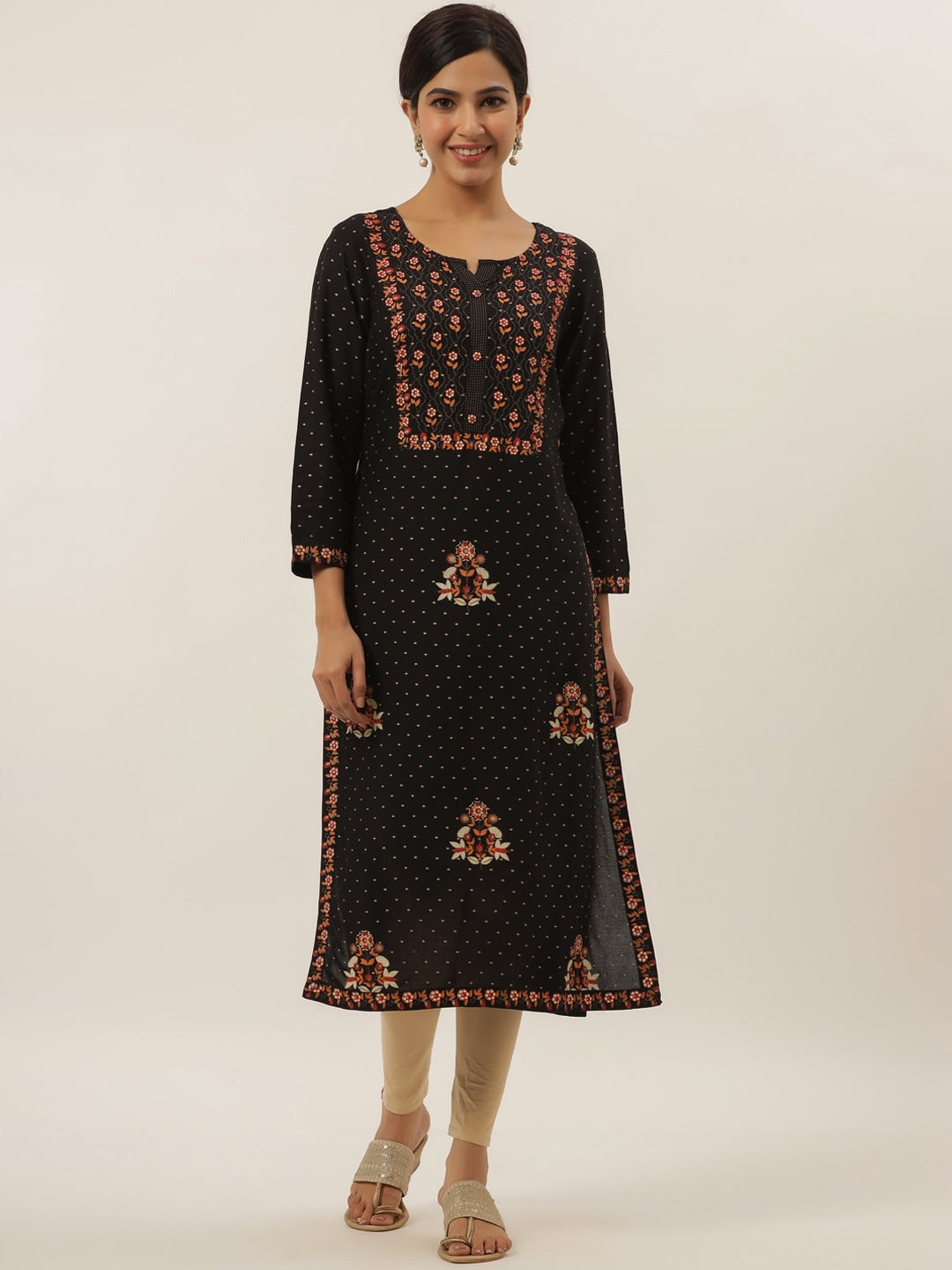 Black Floral Printed Kurta-Yufta Store-5809KURBKM