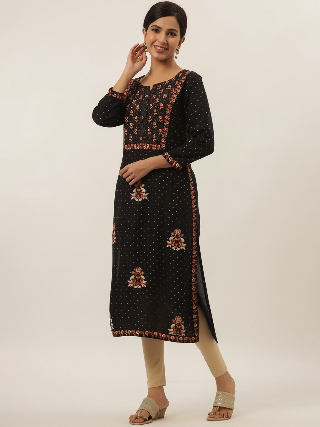 Black Floral Printed Kurta-Yufta Store-5809KURBKM