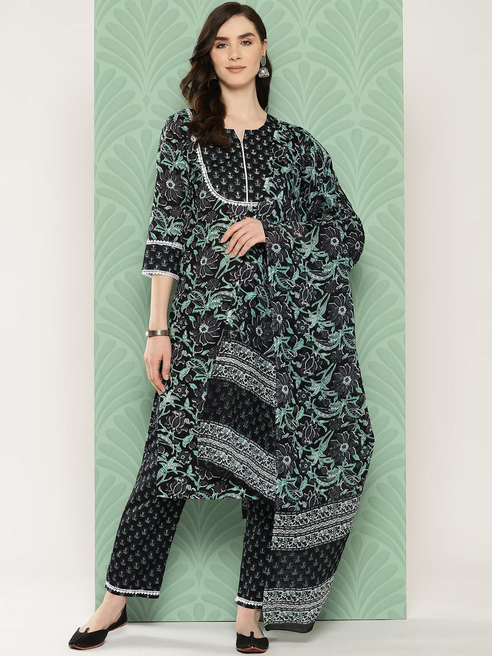 Black Floral Printed Regular Pure Cotton Kurta with Trousers & With Dupatta Set