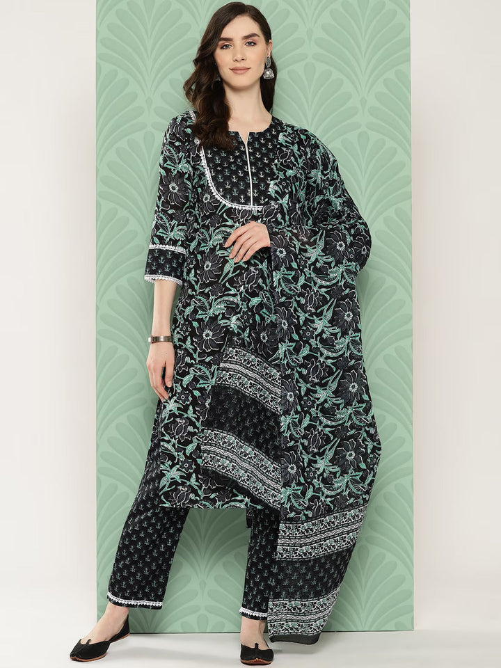 Black Floral Printed Regular Pure Cotton Kurta with Trousers & With Dupatta Set-Yufta Store-1345SKDBKS