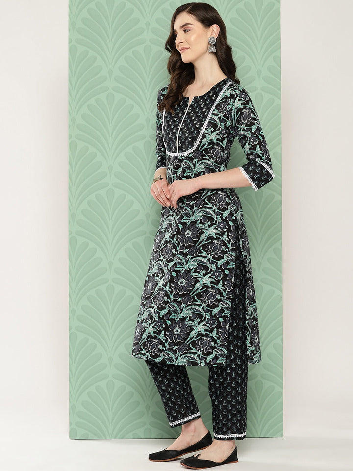 Black Floral Printed Regular Pure Cotton Kurta with Trousers & With Dupatta Set-Yufta Store-1345SKDBKS