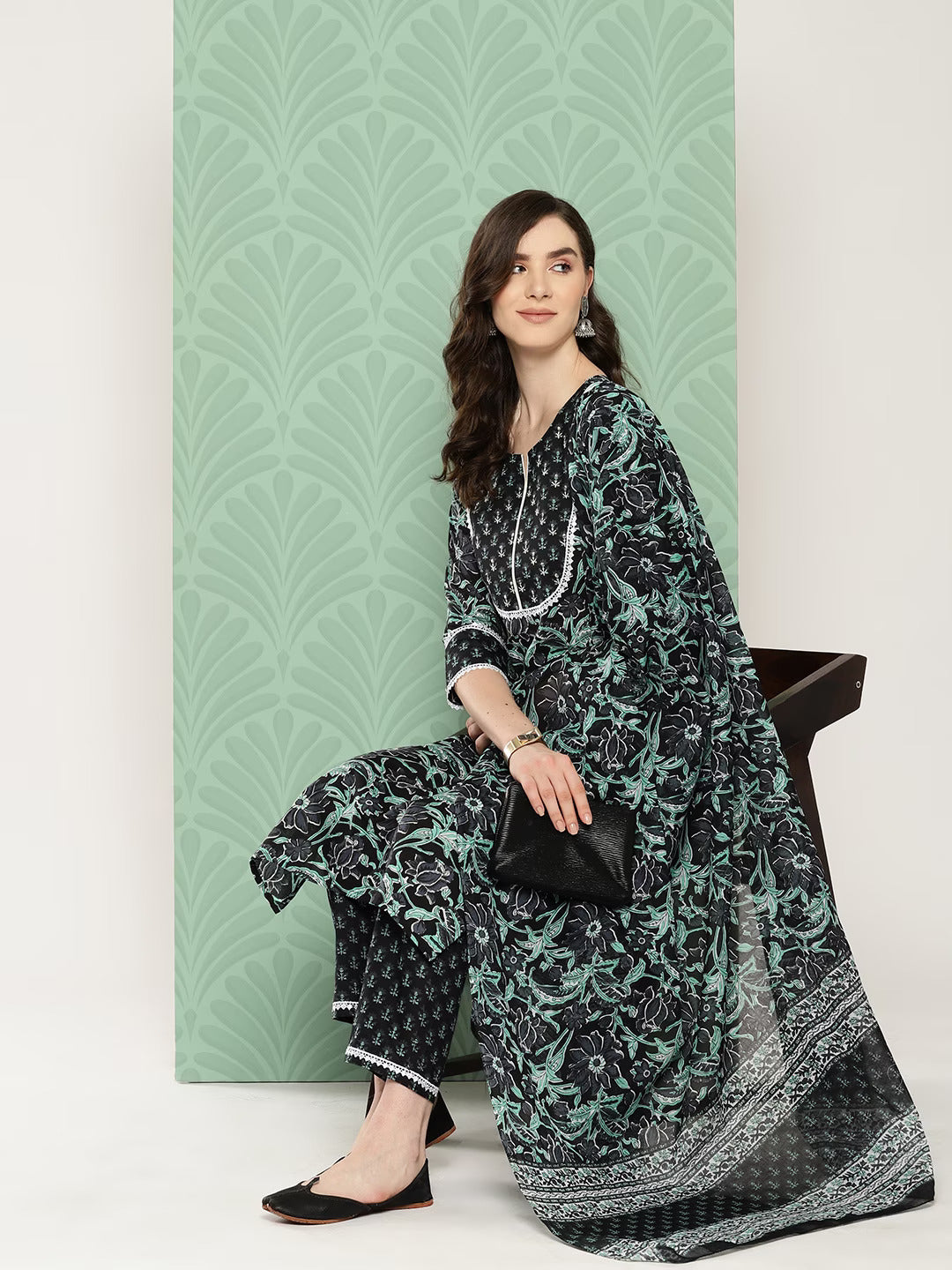 Black Floral Printed Regular Pure Cotton Kurta with Trousers & With Dupatta Set-Yufta Store-1345SKDBKS