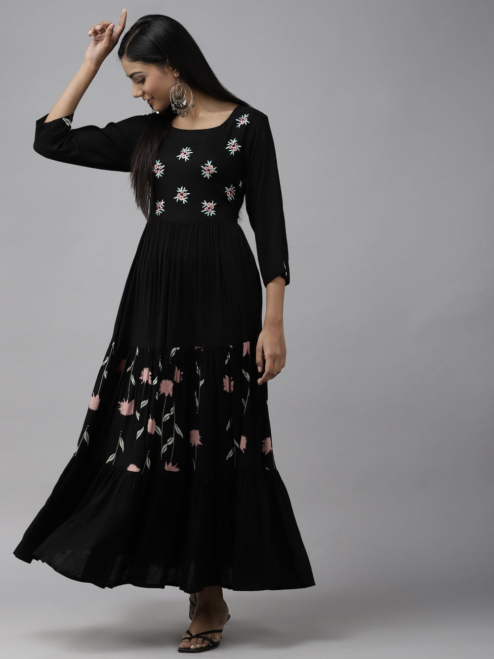 Black Floral Tiered Maxi Dress-Yufta Store-3501DRSBKS