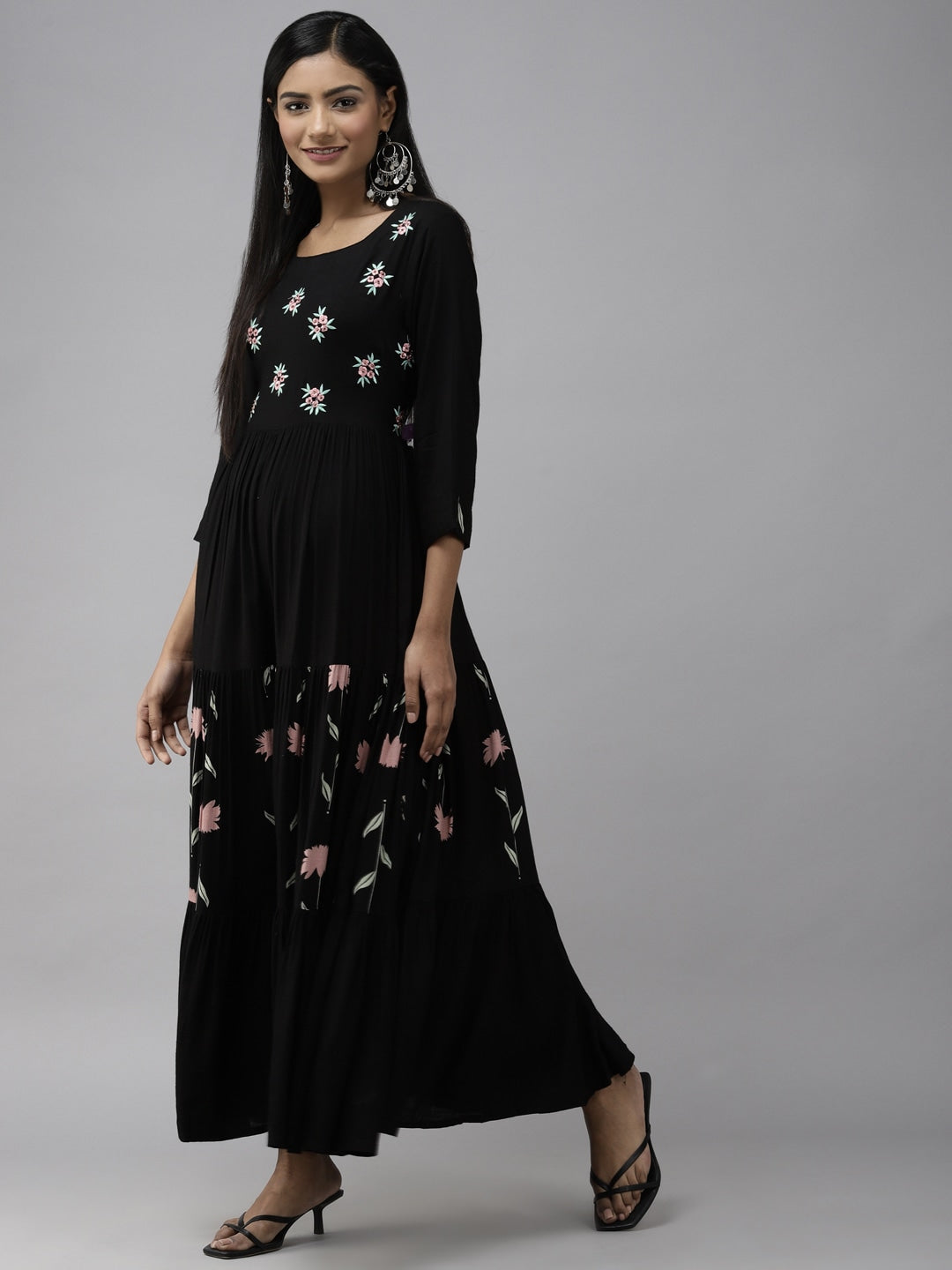 Black Floral Tiered Maxi Dress-Yufta Store-3501DRSBKS