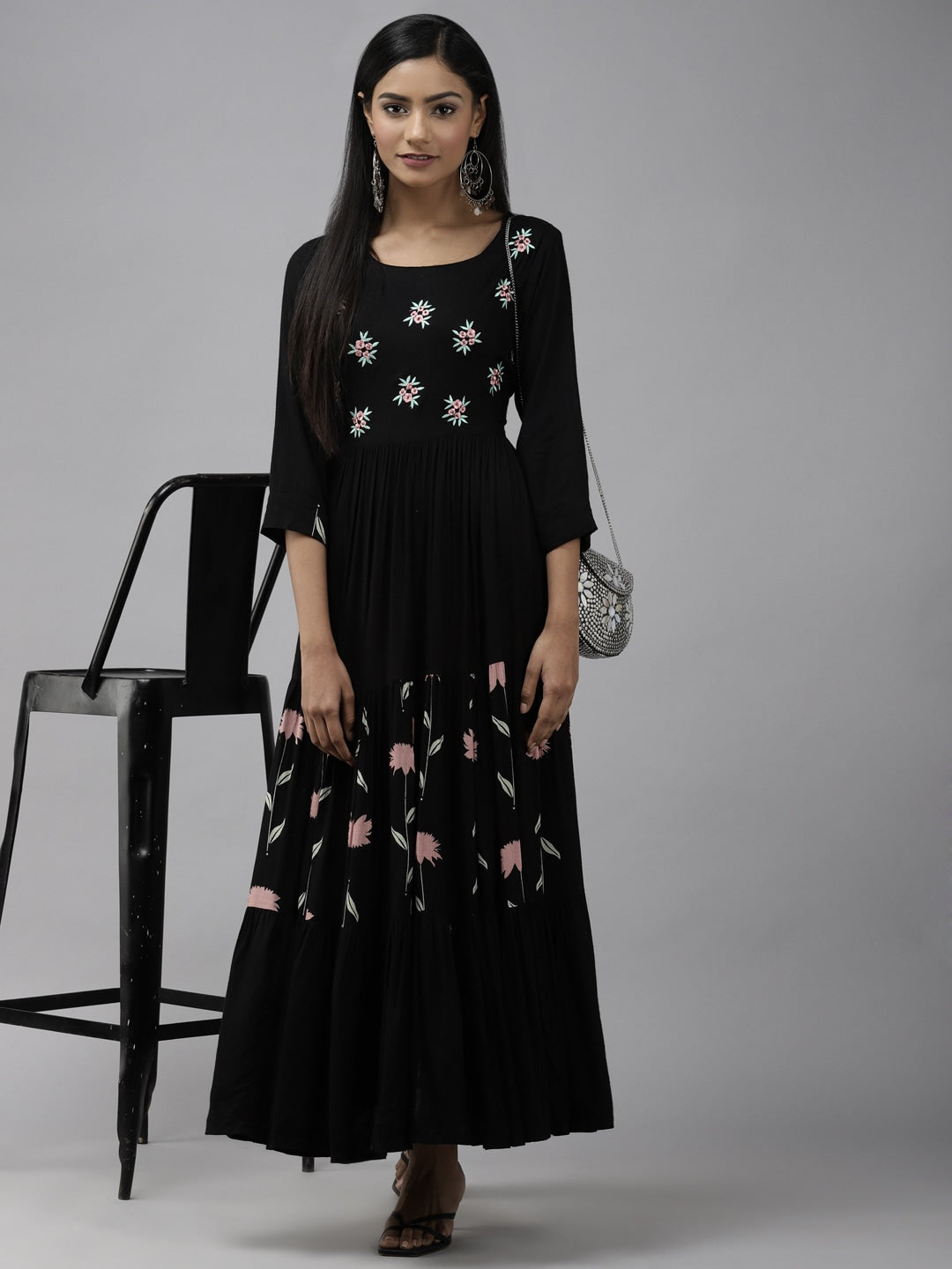Black Floral Tiered Maxi Dress-Yufta Store-3501DRSBKS