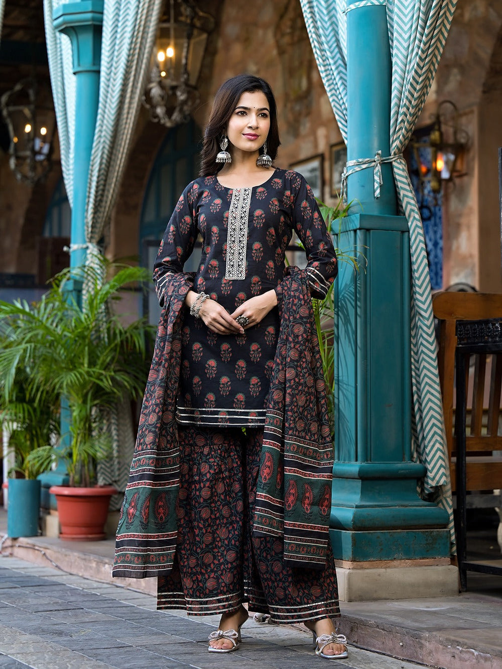 Black Floral Zari_Work Kurta Sharara With Dupatta Set