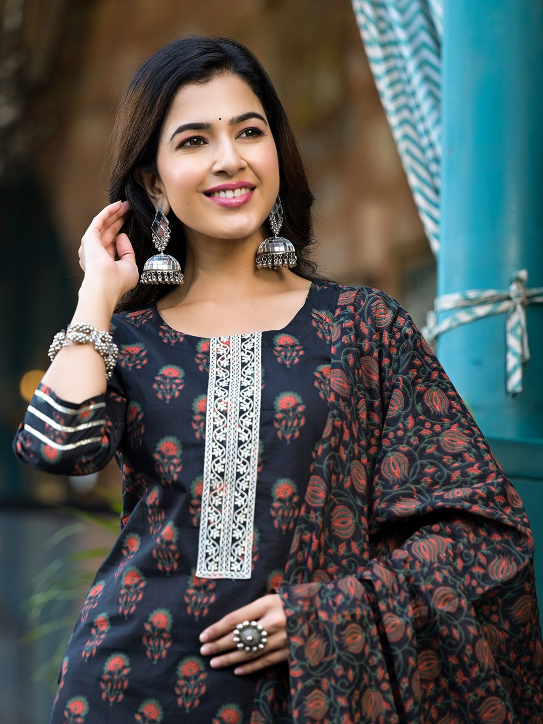 Black Floral Zari_Work Kurta Sharara With Dupatta Set