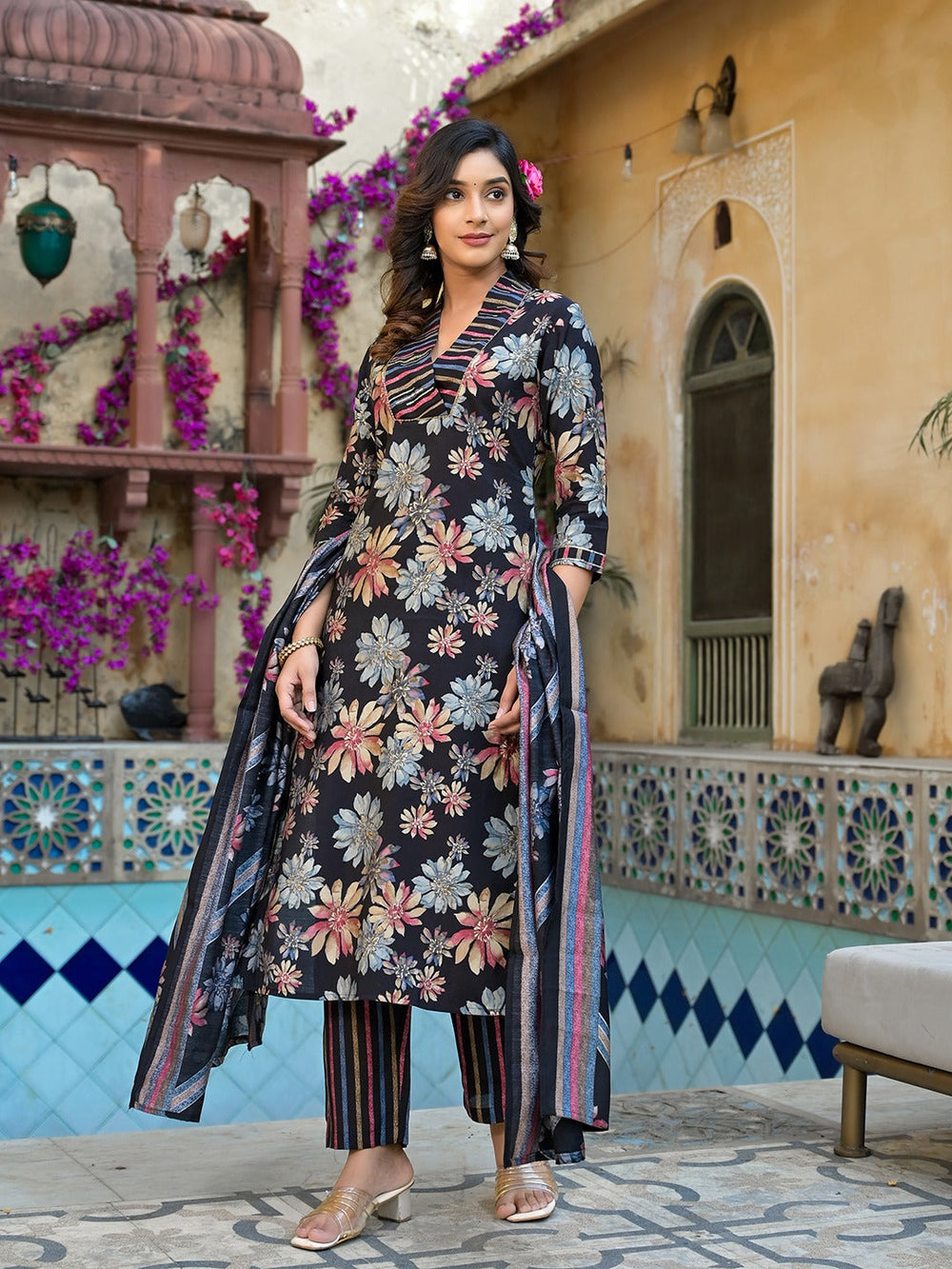 Black Floral print Kurta Trouser with Dupatta Set