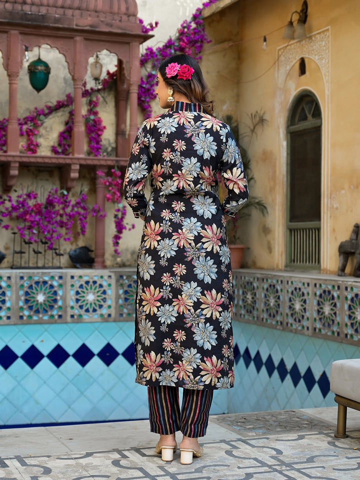 Black Floral print Kurta Trouser with Dupatta Set-Yufta Store-1533SKDBKS