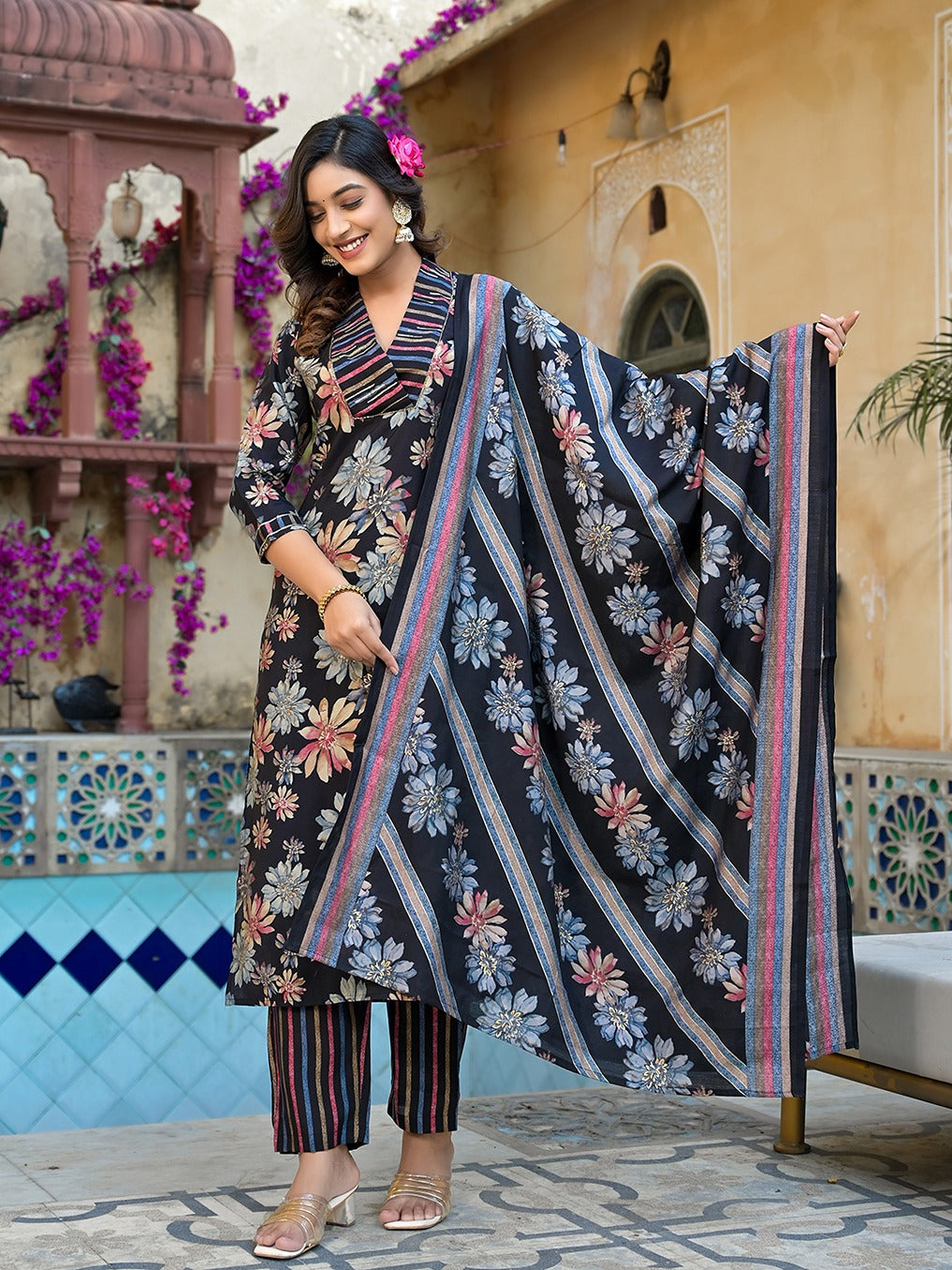 Black Floral print Kurta Trouser with Dupatta Set-Yufta Store-1533SKDBKS