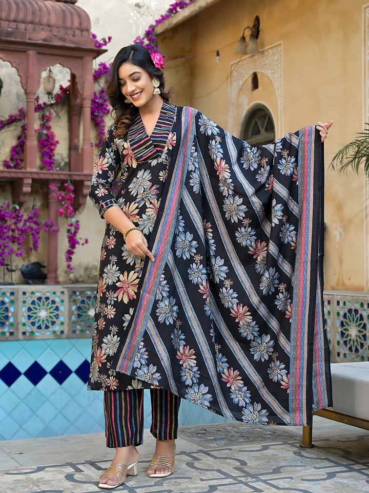 Black Floral print Kurta Trouser with Dupatta Set