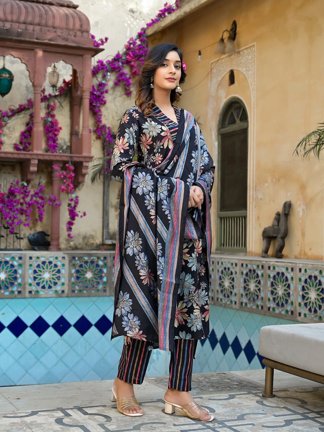 Black Floral print Kurta Trouser with Dupatta Set