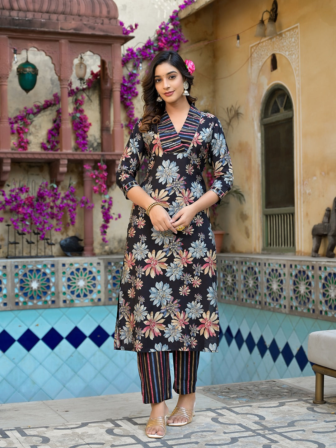 Black Floral print Kurta Trouser with Dupatta Set