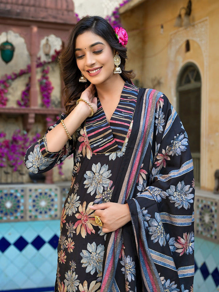 Black Floral print Kurta Trouser with Dupatta Set