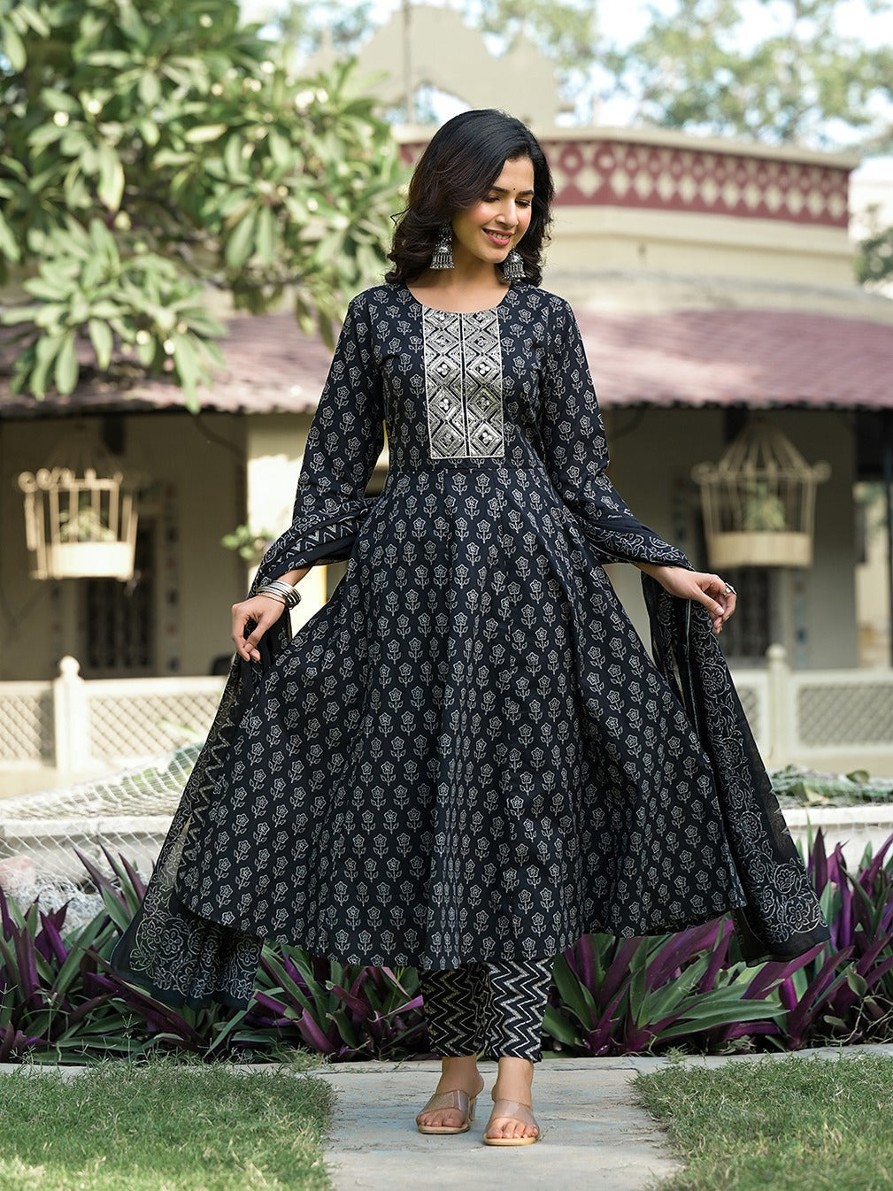 Black Floral,Sequins_Work Kurta Trouser with Dupatta Set-Yufta Store-1822SKDBKS