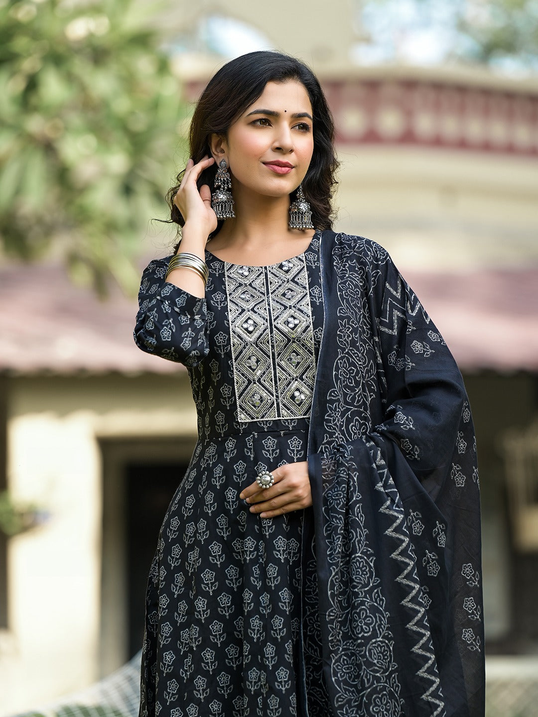 Black Floral,Sequins_Work Kurta Trouser with Dupatta Set-Yufta Store-1822SKDBKS