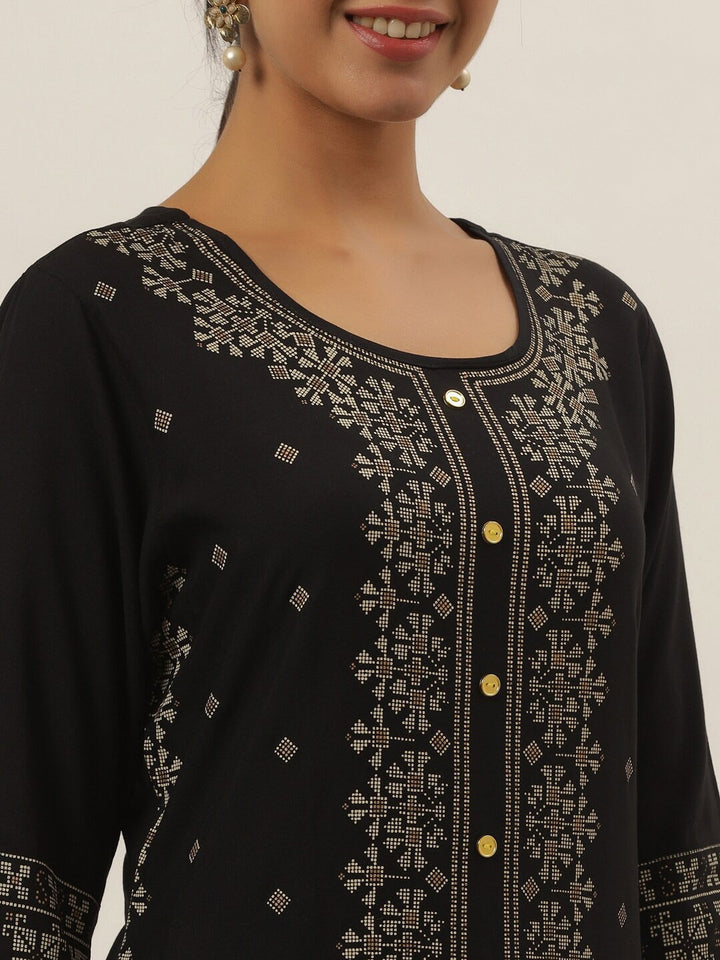 Black Geometric Print Kurta-Yufta Store-5810KURBKS