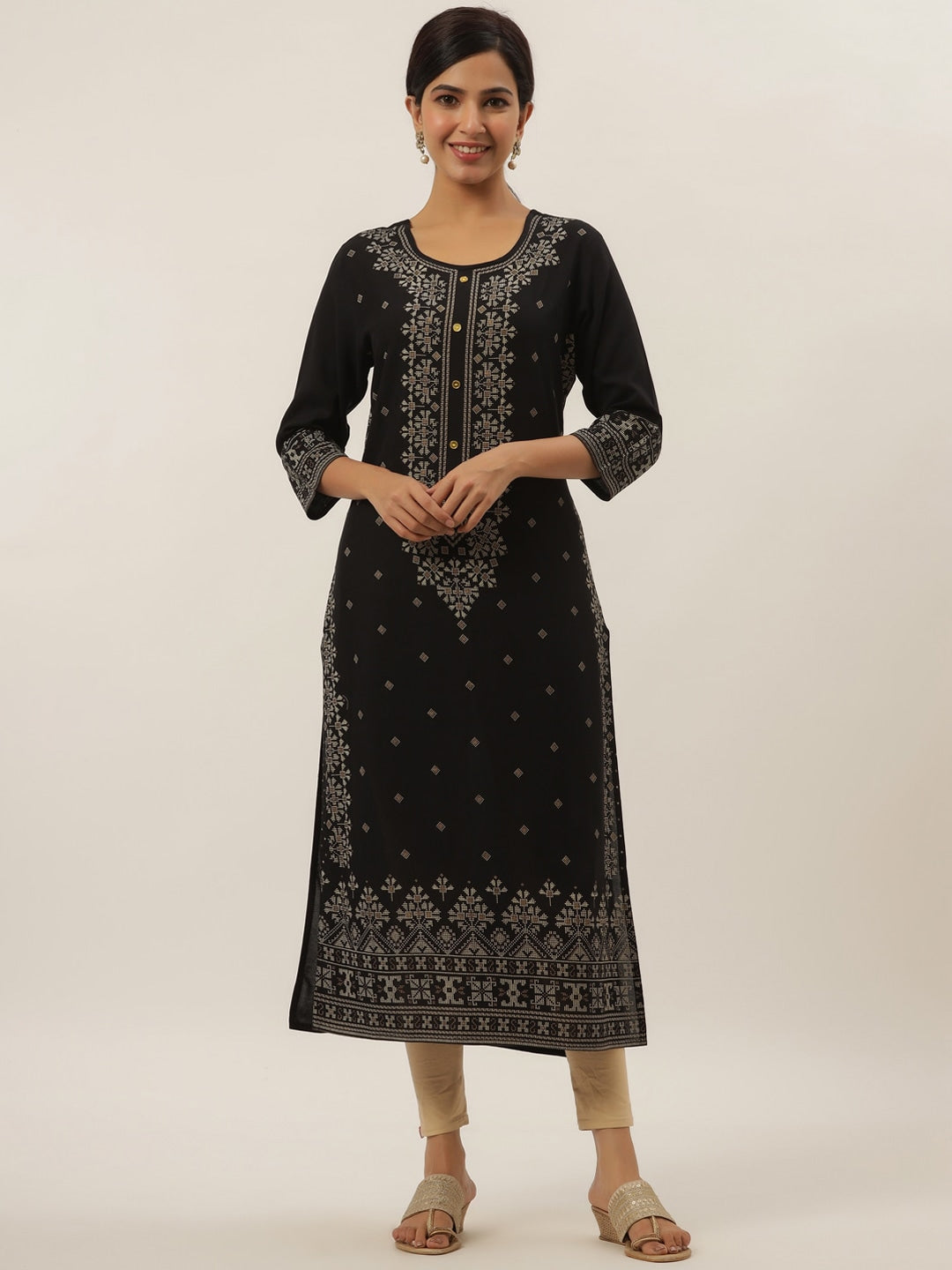 Black Geometric Print Kurta-Yufta Store-5810KURBKS